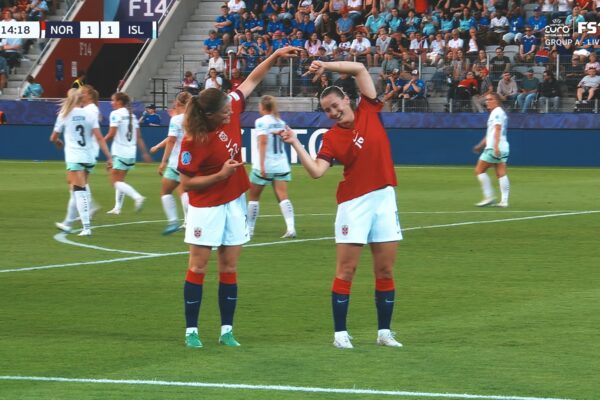 Norway's Signe Gaupset finishes off a volley to even the score against Iceland