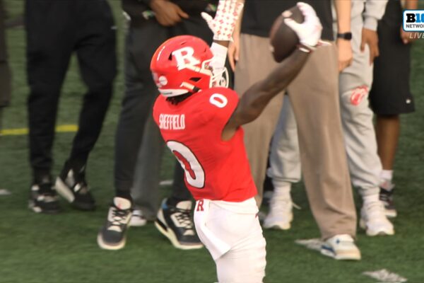 Athan Kaliakmanis finds DT Sheffield for a 54-yard TD, extending Rutgers' lead over Ohio