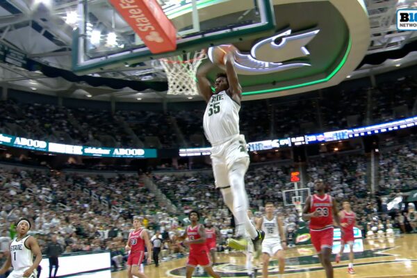 Michigan State's Coen Carr elevates for powerful alley-oop finish against Detroit Mercy