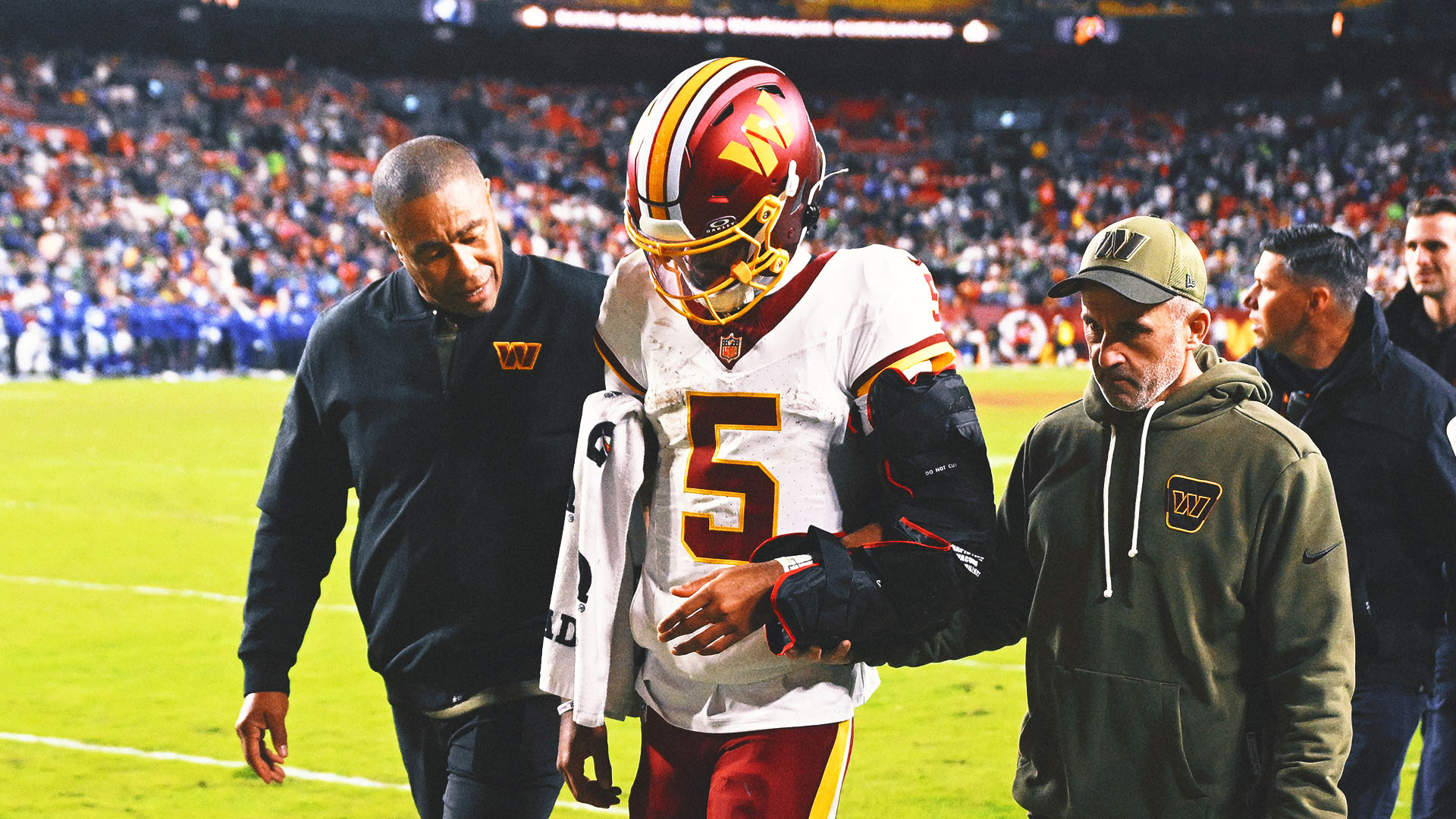 Commanders QB Jayden Daniels Exits in Air Cast With Elbow Injury vs. Seahawks