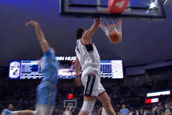 UConn’s Alex Karaban gets the steal and posterizes the defender vs. Columbia