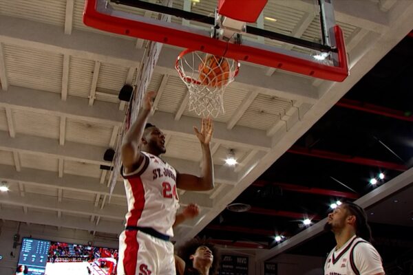 Bryce Hopkins converts and-1 off steal, tying the game between St. John's and Harvard