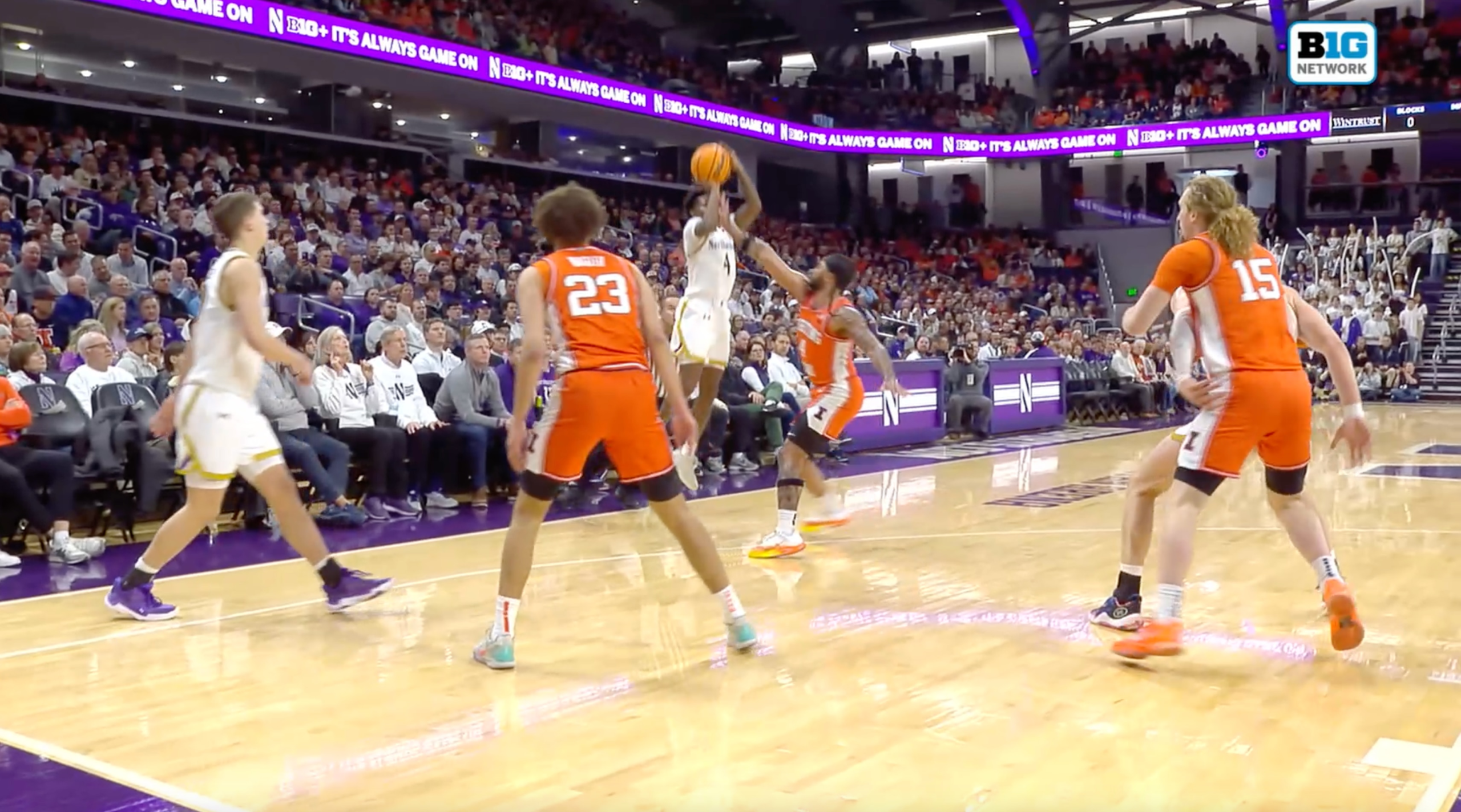 Northwesterns' Jayden Reid Drains a 3 and Draws the Foul for a Four-Point Play vs Illinois