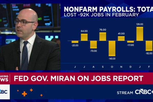 Fed Governor Miran says job losses in February add to the case for more interest rate cuts