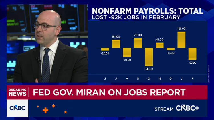 Fed Governor Miran says job losses in February add to the case for more interest rate cuts